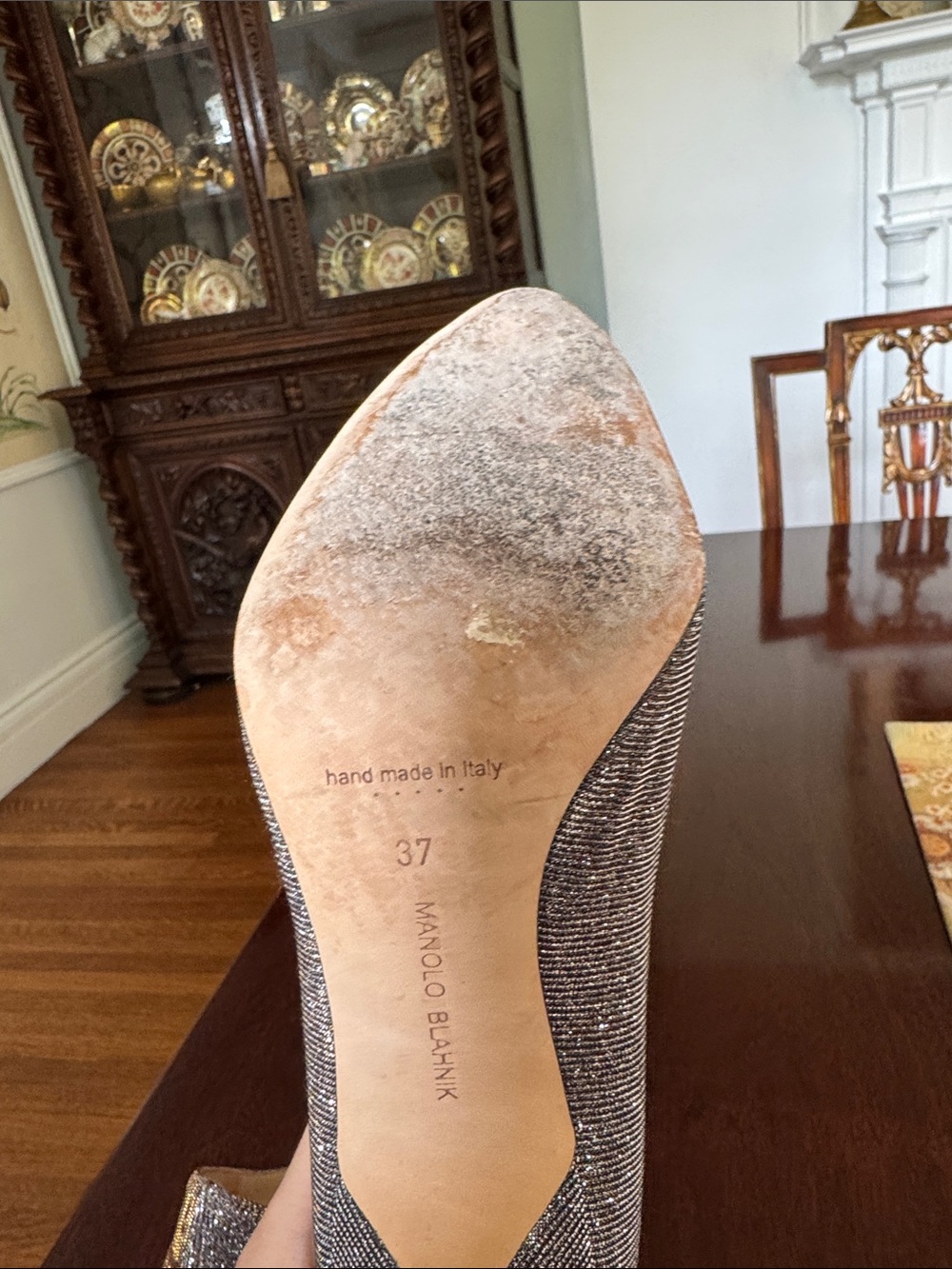 Manolo Blahnik Hangisi Silver Embellished Women's Pumps 37 - Picture 12 of 13